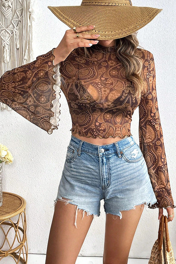 Stylish Printed Mesh Trumpet Sleeve Slim Fit Blouse for Women | Fashionable Party & Evening Wear