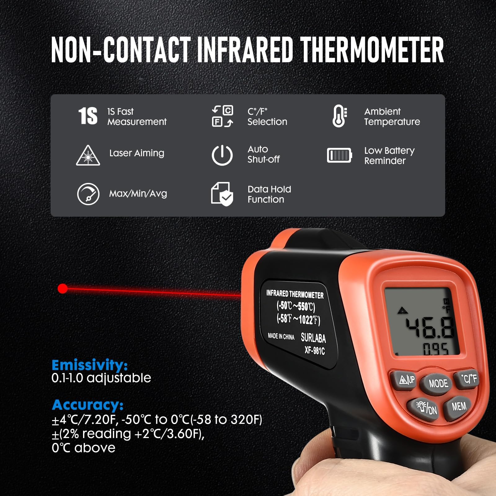 Non-Contact Infrared Thermometer Gun -58°F to 1022°F (-50°C to 550°C) with Laser Pointer for Cooking, Baking, HVAC, Auto Repair & Home Maintenance - Digital Temperature Gun for Food, Ovens, Grills & Industrial Use