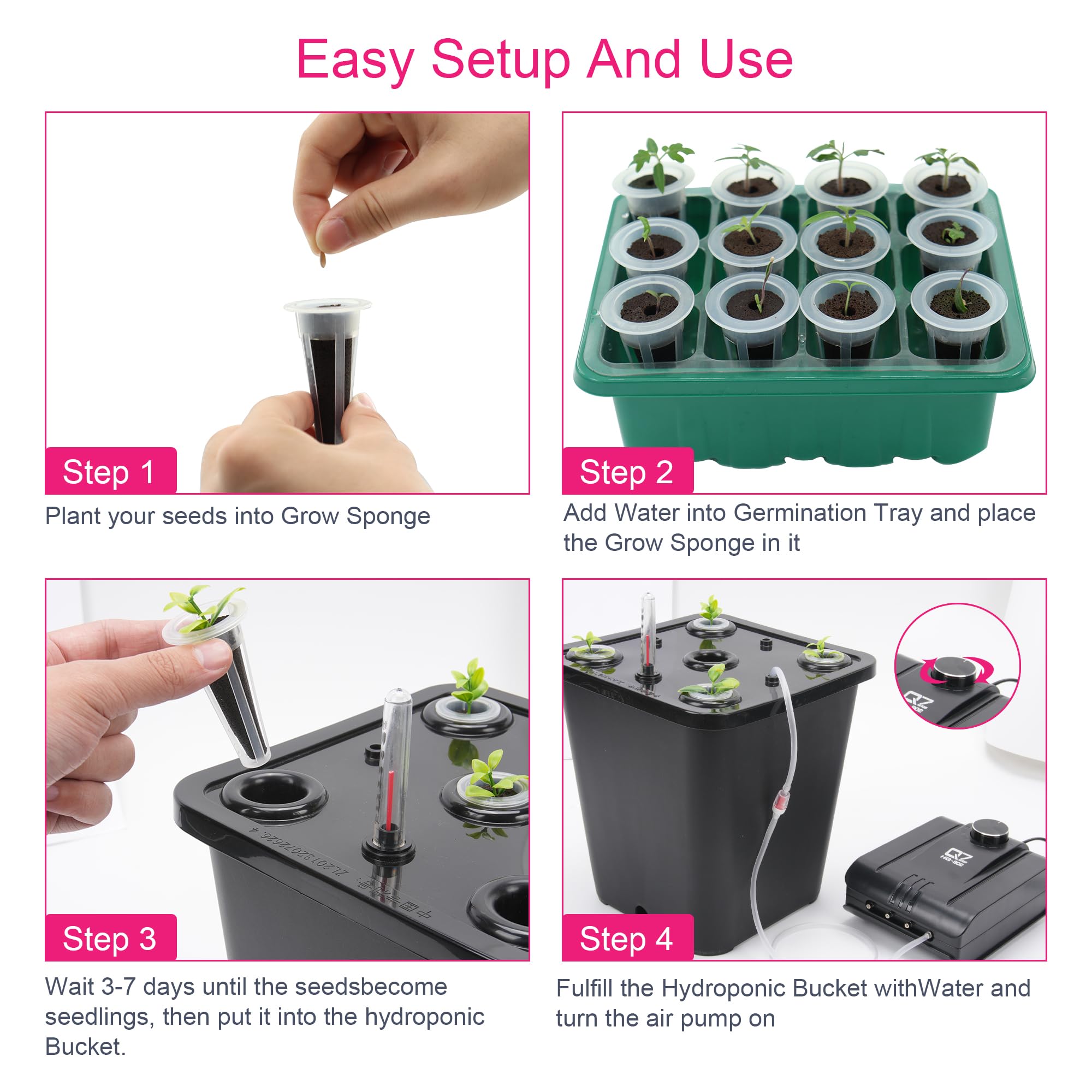**4 Hydroponic Buckets Kit - Complete Indoor Hydroponic Growing System for Herbs, Tomatoes & Vegetables, DWC System with Air Pump & Germination Tray (Black) - Ideal for Home Gardening, Urban Farming & Indoor Plant Cultivation**