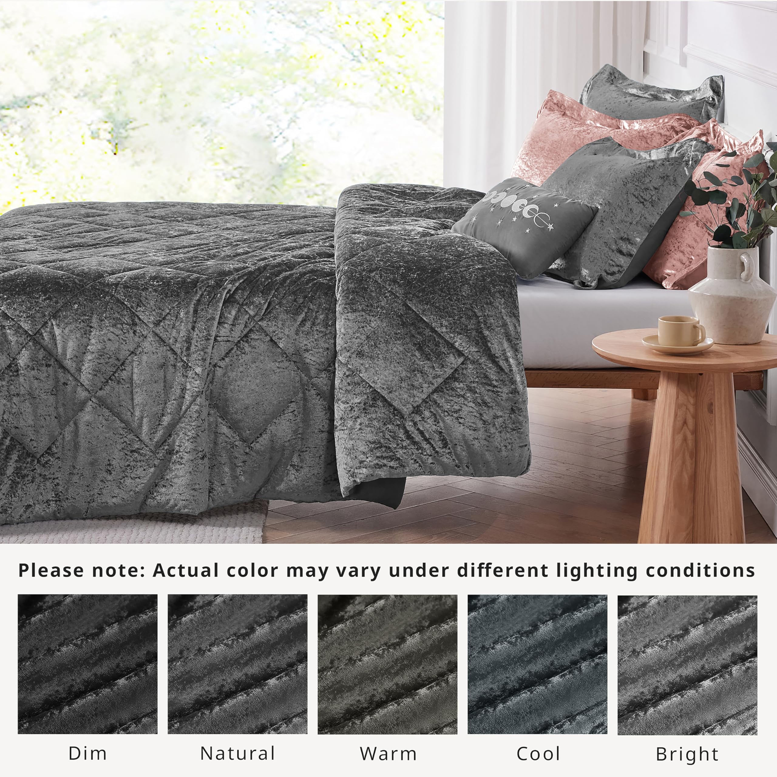 Luxury Velvet Queen Duvet Cover Set - Diamond Quilting Grey Bedding with Decorative Pillow & 2 Shams (4-Piece) - Soft Fluffy Comforter Cover for Full/Queen Bed - Perfect for Master Bedroom, Guest Room & Cozy Winter Nights