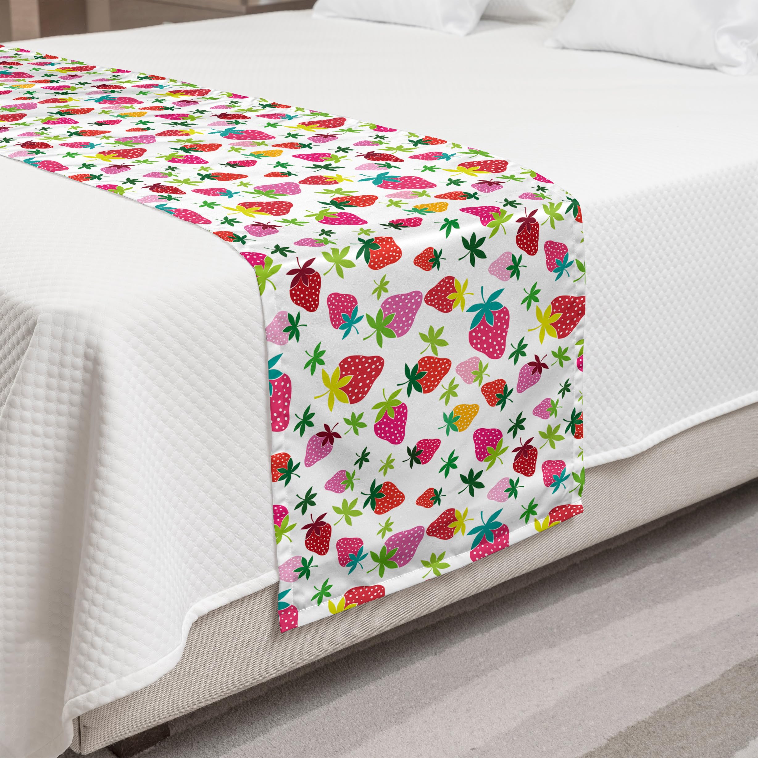 Ambesonne Colorful Strawberry Cartoon Bed Runner - Decorative Accent Scarf for King Size Beds | Pink & Mustard Design for Hotels, Homes & Guestrooms | Perfect for Bedroom Decor, Wedding Gifts & Seasonal Home Styling