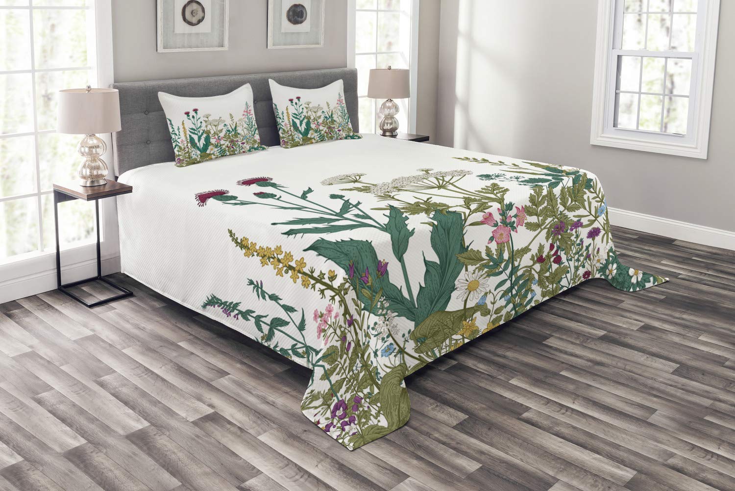 Ambesonne 3-Piece King Size Wildflower Bedspread Set - Colorful Spring Blooms, Herbs & Foliage Leaves Design with 2 Pillow Shams | Decorative Bedding Coverlet for Master Bedroom, Guest Room & Seasonal Home Decor