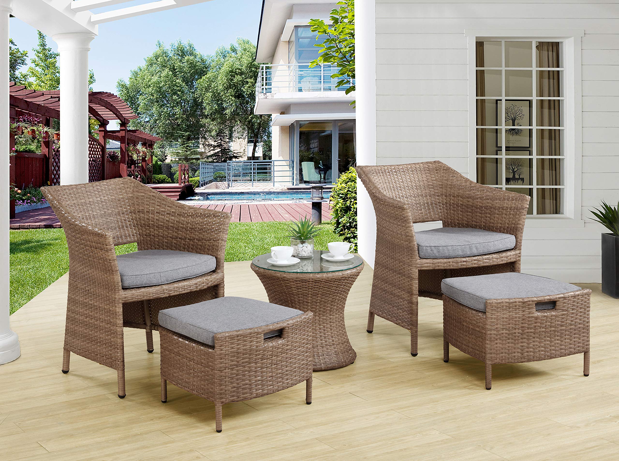 Kokoli All-Weather Outdoor Patio Conversation Set - 2 Durable Chairs with Cushioned Ottomans & 17