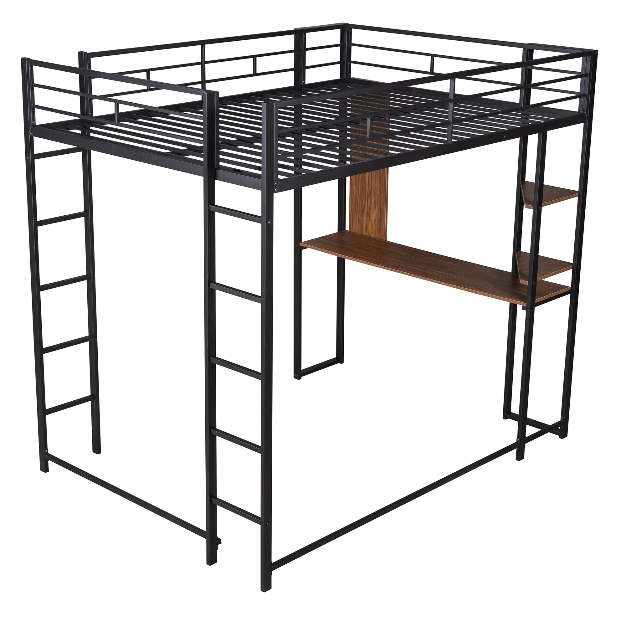 Harper & Bright Designs Full Size Metal Loft Bed with Shelves & Desk - Sturdy Loft Bed Frame with Dual Ladders & Safety Rails for Kids, Teens & Adults - No Box Spring Required (Full, Black) - Perfect for Small Bedrooms, Dorm Rooms & Space-Saving Kids' Rooms