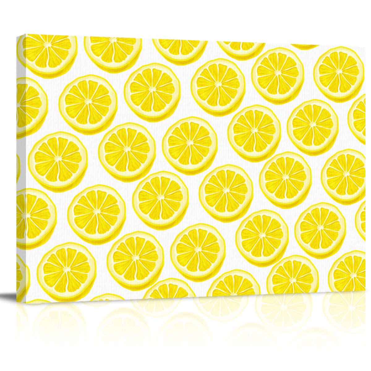 Framed Canvas Wall Art - Summer Fresh Lemon Slices Citrus Fruits Tile Pattern Painting for Bathroom & Bedroom Decor | Stretched & Ready to Hang | Modern Kitchen, Living Room Home Decoration
