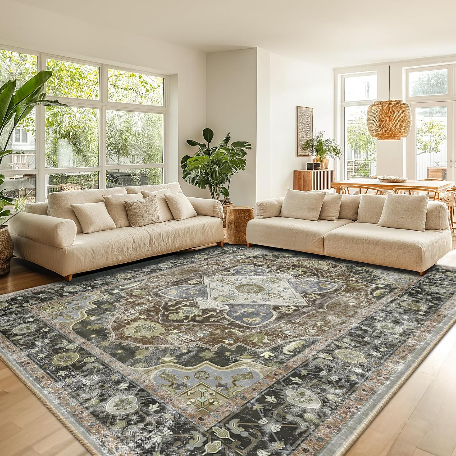 Custom Soft Pile Washable Printed Carpet Runner - Dark Green & Multi-Color Non-Slip Area Rug for Living Room, Bedroom, Nursery & Home Decor