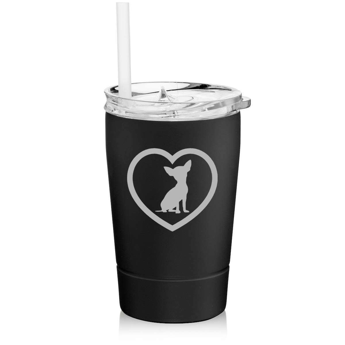 12 oz Stainless Steel Vacuum Insulated Tumbler with Straw - Double Wall Insulation Keeps Drinks Hot/Cold for Hours - Perfect Travel Coffee Mug for Commuting, Hiking & Office Use - Chihuahua Heart Design (Black)