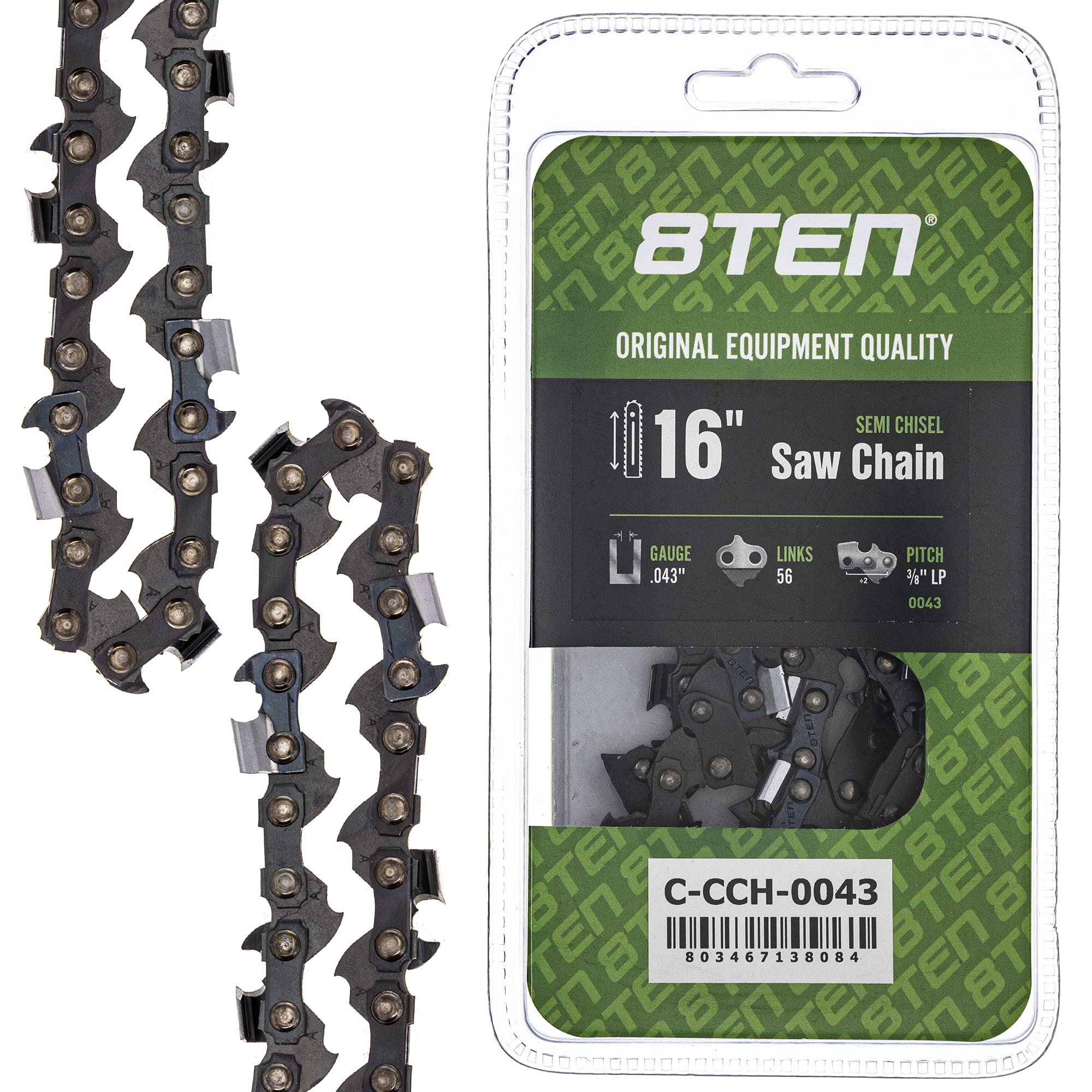 8TEN Semi Chisel Chainsaw Chain 16 Inch .043 3/8 LP 56DL - Compatible with DeWalt, Poulan, Solo, Greenworks, Makita, Red Max Chainsaws - Perfect for Tree Trimming, Firewood Cutting, and Landscaping