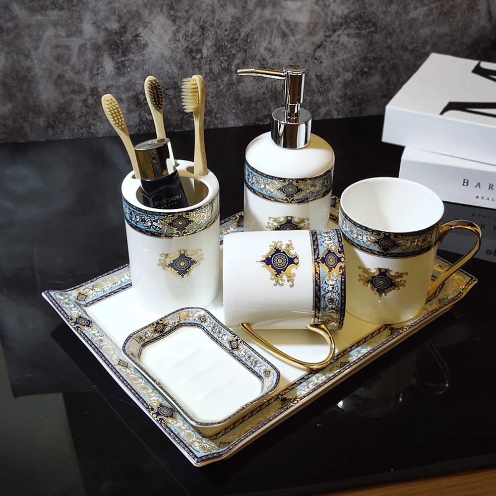 Vintage Bone China Soap Dispenser Set - Bathroom Kit with Lotion Bottle, Toothbrush Holder, Soap Dish & Mouthwash Cup | Elegant Metal Craft Decor for Home, Hotel, Spa | Perfect Gift for Housewarming & Wedding
