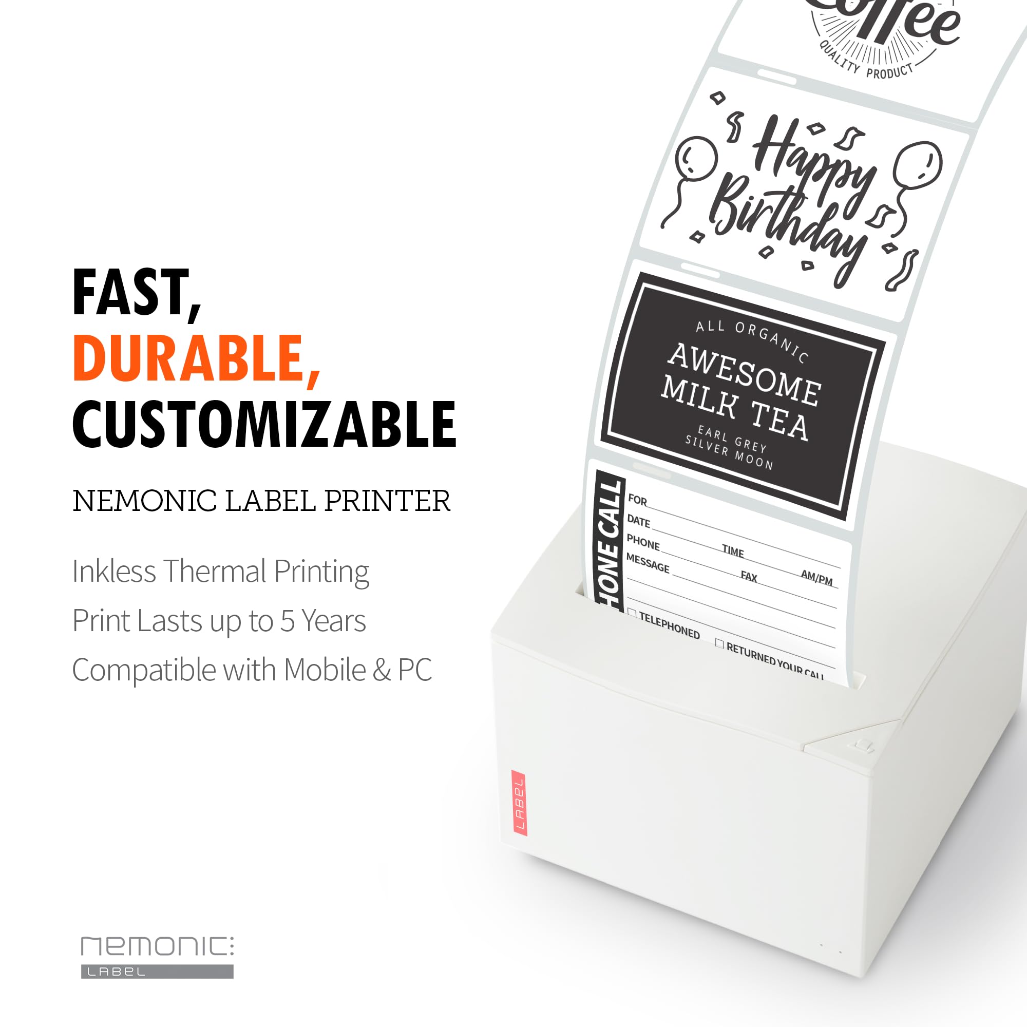 Nemonic Label Printer - Inkless Bluetooth Thermal Label Printer for Small Business | Durable Shipping Label Maker & Portable Wireless Label Printer for Ecommerce, Amazon FBA & Home Office Use