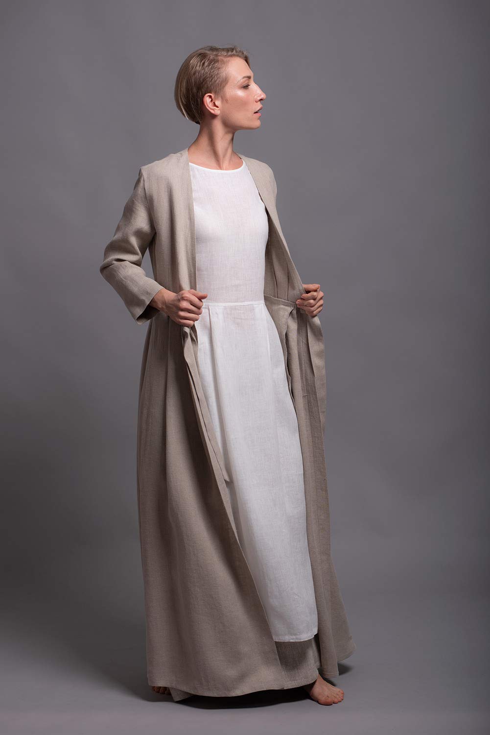 HANK Women's Maxi Linen Coat Dress with Long Sleeves, Belt & Pockets - Custom Made in 31 Colors - Elegant Office Wear & Spring Outerwear