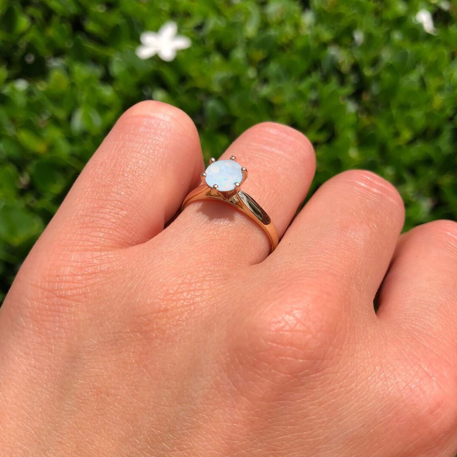 14K Yellow Gold Round Lab-Created White Opal Solitaire Ring for Women - Elegant Engagement, Wedding, Anniversary & Everyday Jewelry Gift