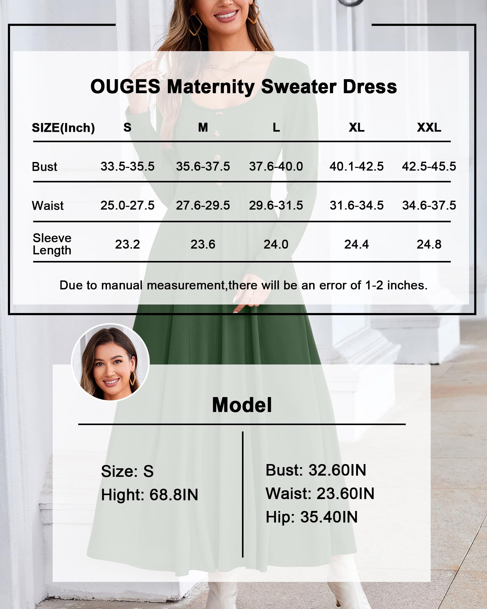 OUGES Women's Maxi Maternity Dress for Photoshoot - Fall Long Sleeve Button Down Square Neck Baby Shower Pregnancy Dress 2024 | Perfect for Maternity Photos, Baby Showers & Special Occasions