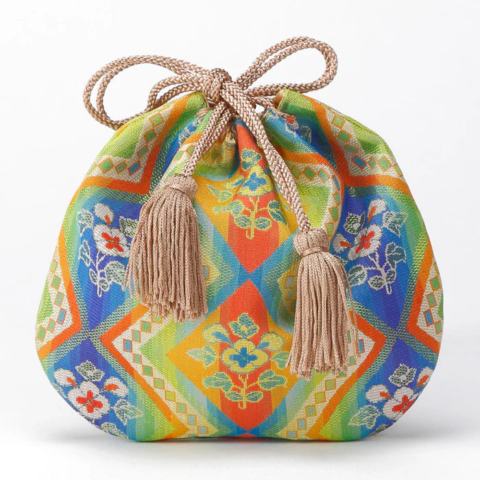 Nishijin Ori Small Drawstring Flower Pouch - Authentic Japanese Traditional Craft Purse from Kyoto | Perfect for Gift Giving, Cosmetics Storage & Cultural Fashion Accessory