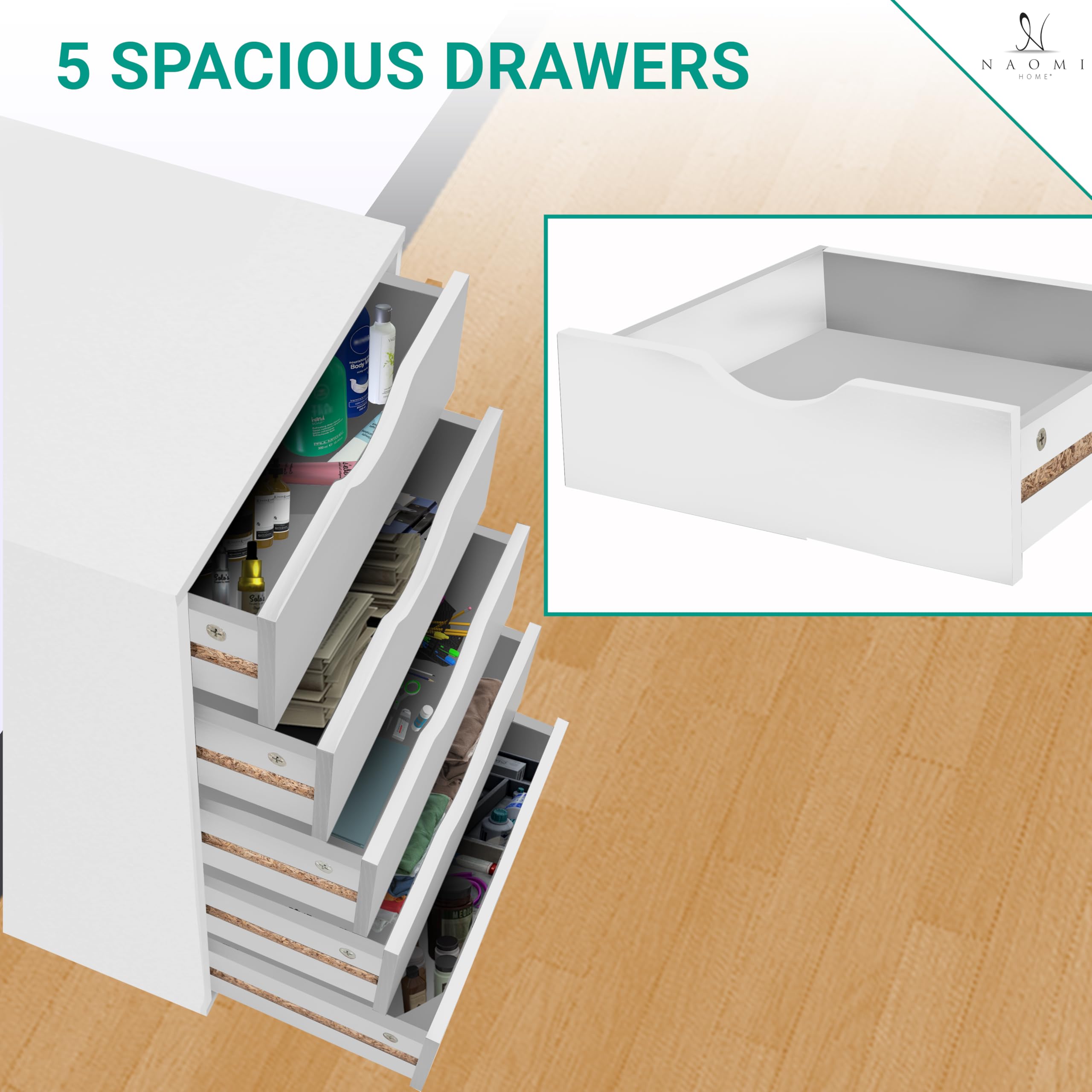 Naomi Home Office Wooden Lateral File Cabinet - 5 Drawer Mobile Storage Cabinet with Wheels, White - Perfect for Organizing Documents in Home Office, Study, or Workspace