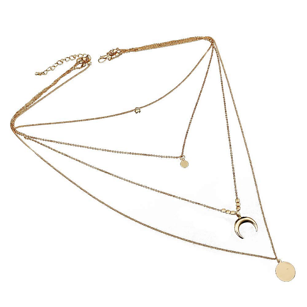 Moon Round 4 Piece Ethnic Alloy Multi-Layer Necklace Set - Horn Pendant & Dainty Gold Necklace for Women | Boho Chic Jewelry for Parties, Weddings & Everyday Wear