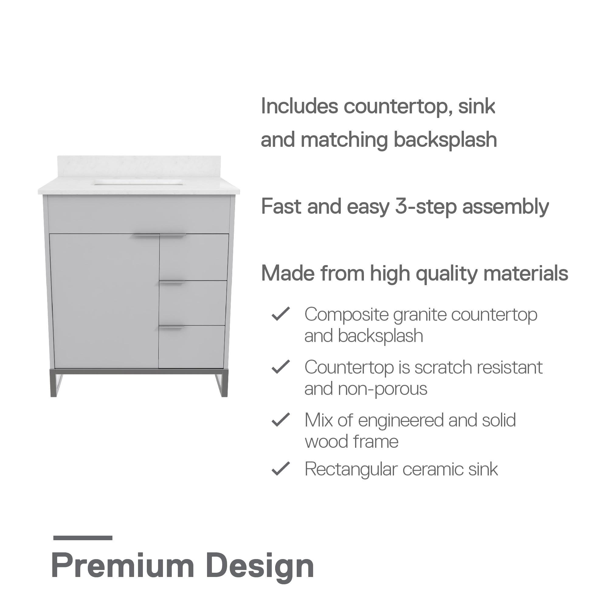 CosmoLiving by Cosmopolitan Leona 30-Inch Bathroom Vanity Set with Sink - Modern Gray Finish for Small Bathrooms | Perfect for Powder Rooms & Master Bath Remodels