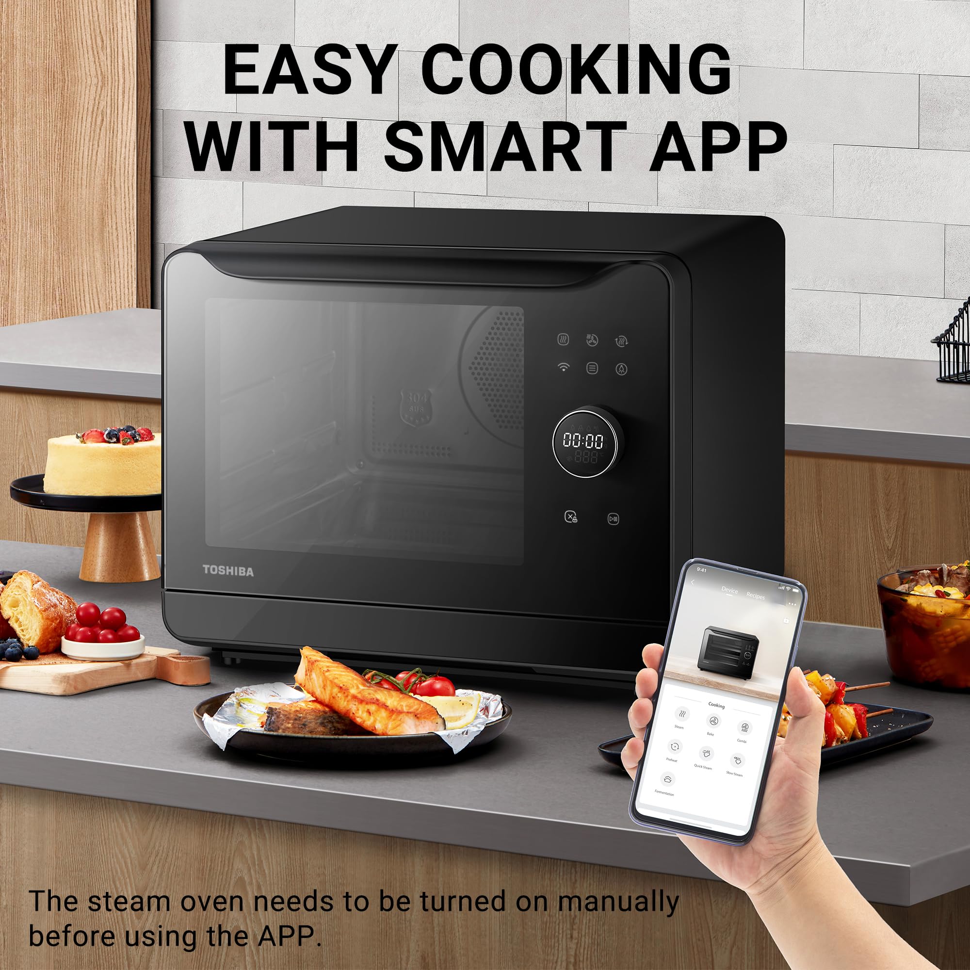 TOSHIBA 6-in-1 Compact Countertop Steam Oven with Convection, Air Fryer, Slow Cooker & Smart App Control - 20L Capacity for Baking, Steaming, Fermenting & More | Perfect for Small Kitchens, Apartments & Healthy Cooking