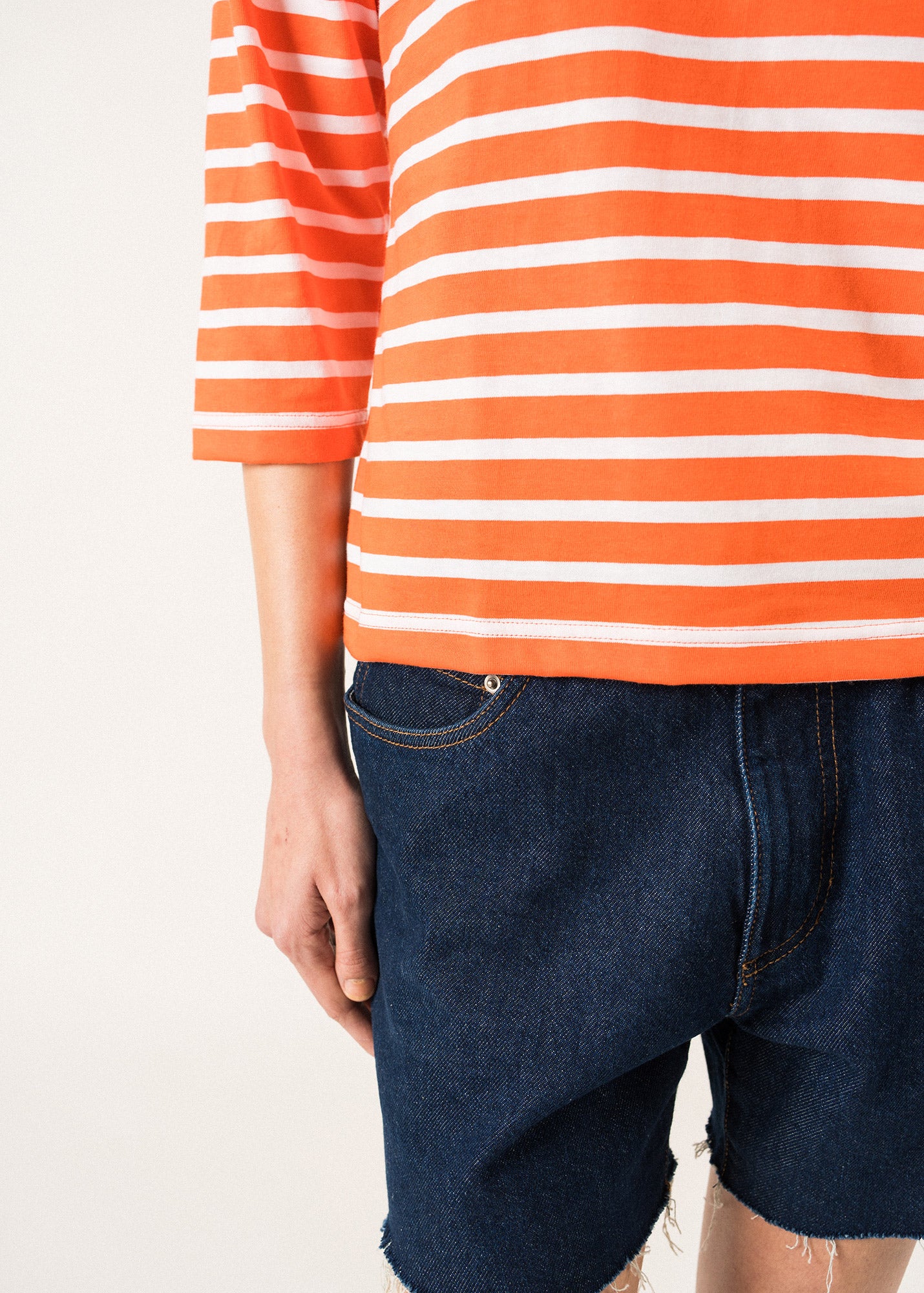 GALATHEE II Women's ¾ Sleeve Breton Striped Cotton Top - Soft & Comfortable Fit in Orange/White - Perfect for Casual Wear, Beach Outfits & Everyday Style