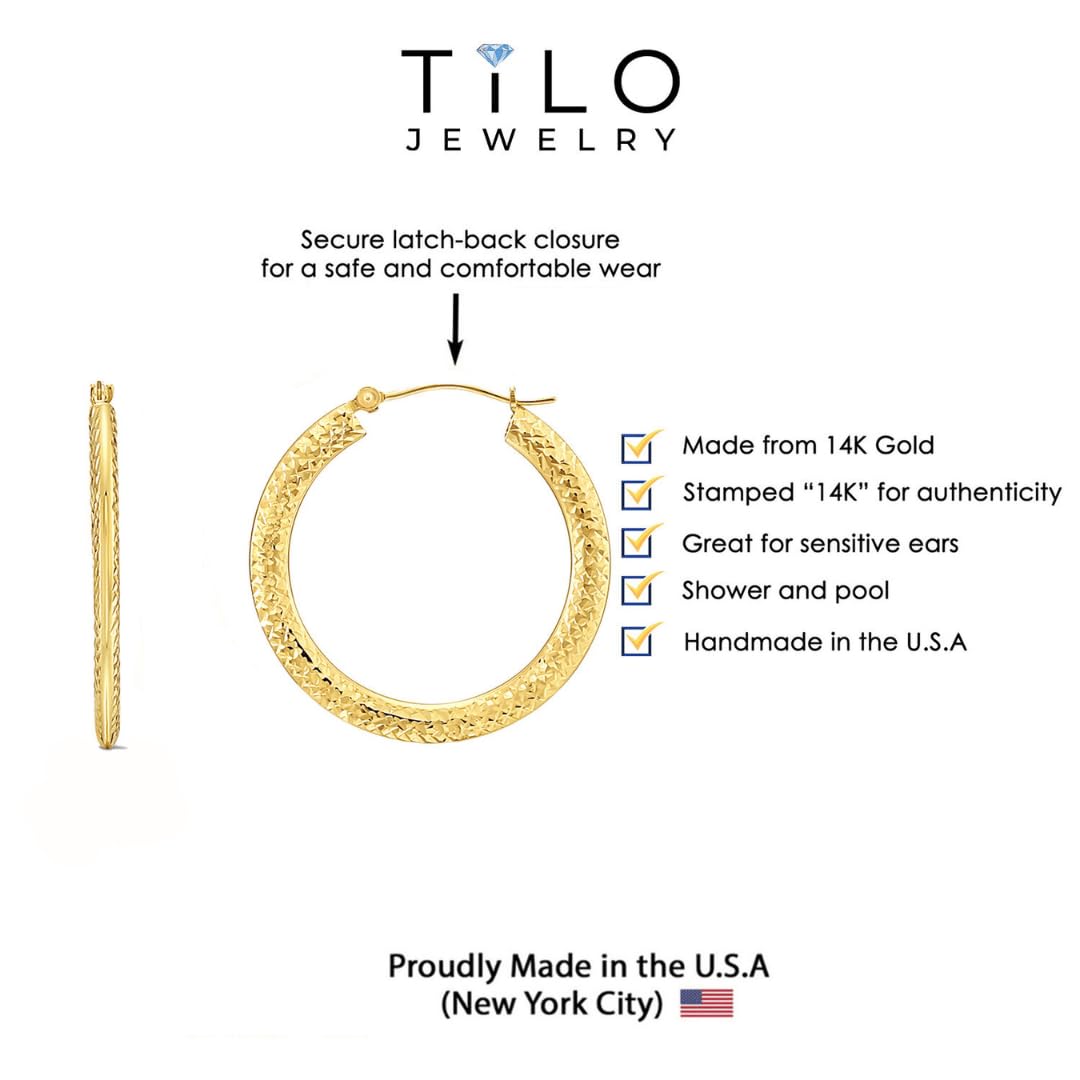 14K Yellow Gold Diamond-Cut Flat Hoop Earrings - 2mm Tube Thickness - Minimalist Everyday Jewelry for Women - Perfect for Work, Date Night & Special Occasions