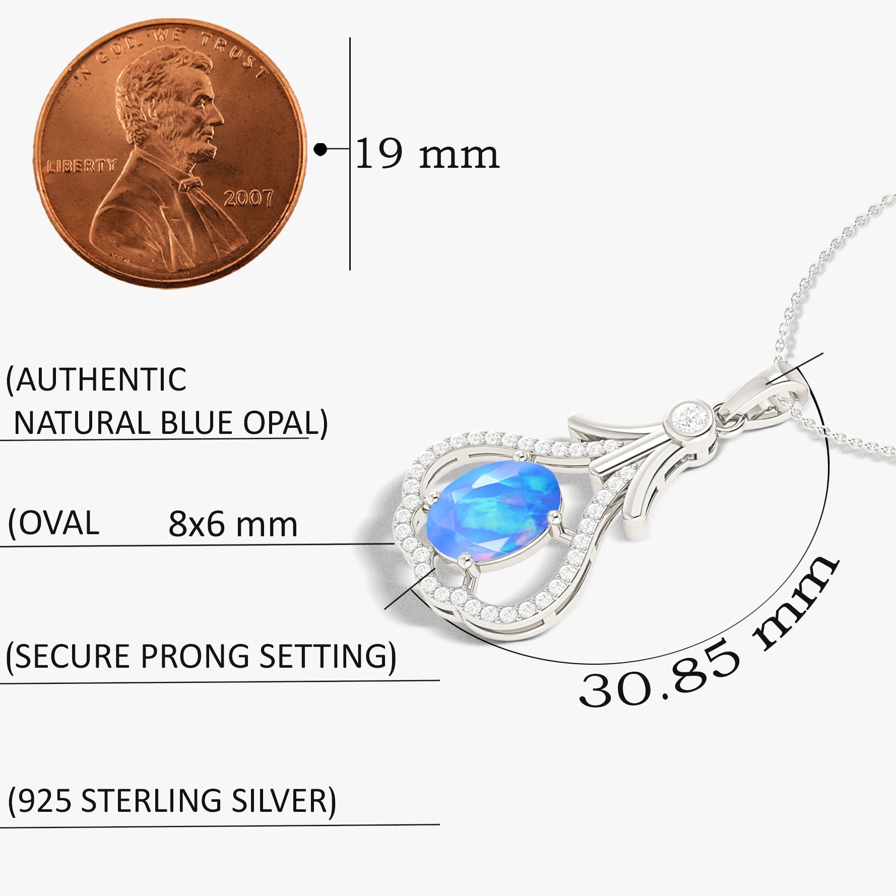 Designer Tear Drop Pendant Necklace with Natural Blue Opal in Sterling Silver - Perfect for Weddings, Parties & Special Occasions