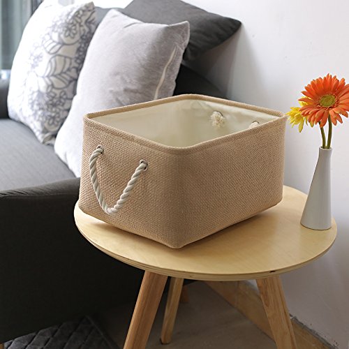 Decorative Fabric Storage Basket with Handles - Rectangular Clothes Organizer Bin for Home, Bedroom & Closet (Beige, Medium 13.8