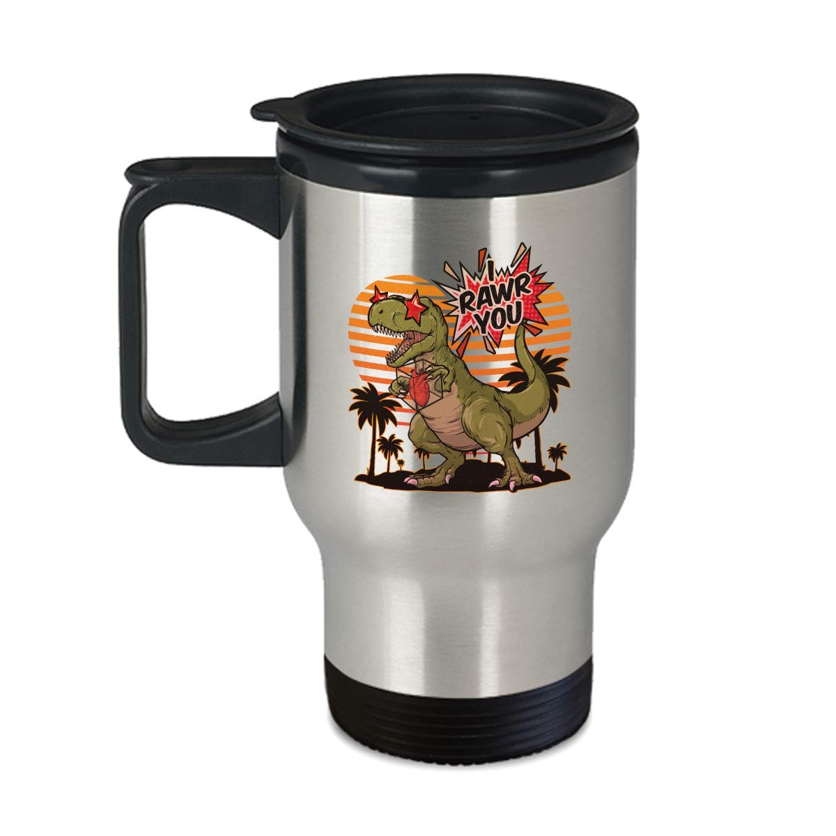 Vintage Valentine Dinosaur Travel Mug - 14oz Insulated Coffee & Tea Cup with 'Rawr You' Design | Perfect for Commuting, Camping & Gifts