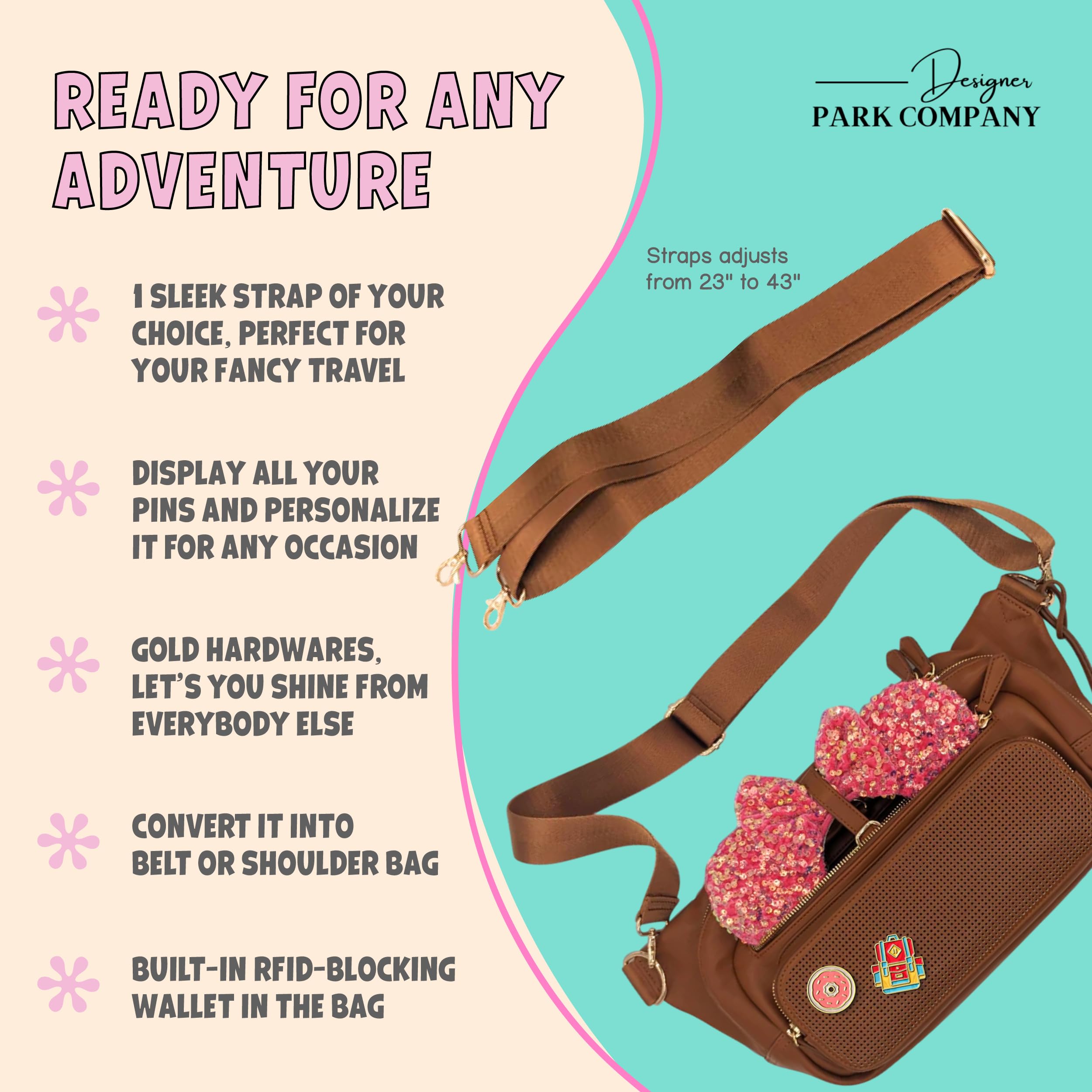 Designer Park Company - Women's Leather Crossbody Bag with Adjustable Strap & Locking Pins, Fashionable Fanny Pack Sling Bag for Theme Park, Travel, Shopping & Daily Use - Fawn Brown