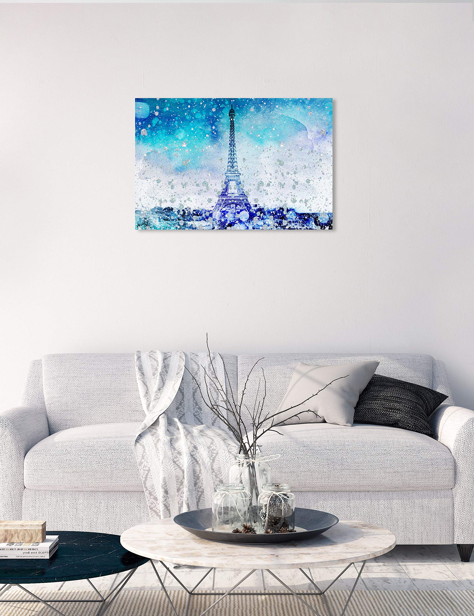 Oliver Gal Artist Co. Cities and Skylines Wall Art Canvas Print - Eiffel Glitter Blue Paris Landscape Painting - 30x20 Inch Modern Home Decor for Living Room, Bedroom & Office - White Framed Artwork