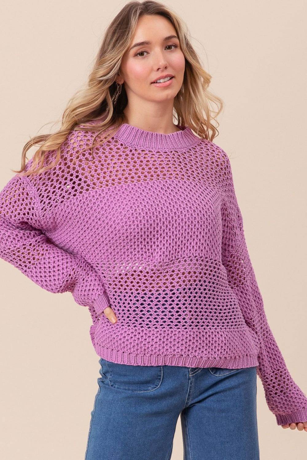 BiBi Openwork Long Sleeve Knit Top for Women - Breathable Lace Knit Sweater - Perfect for Fall Layering & Casual Outfits