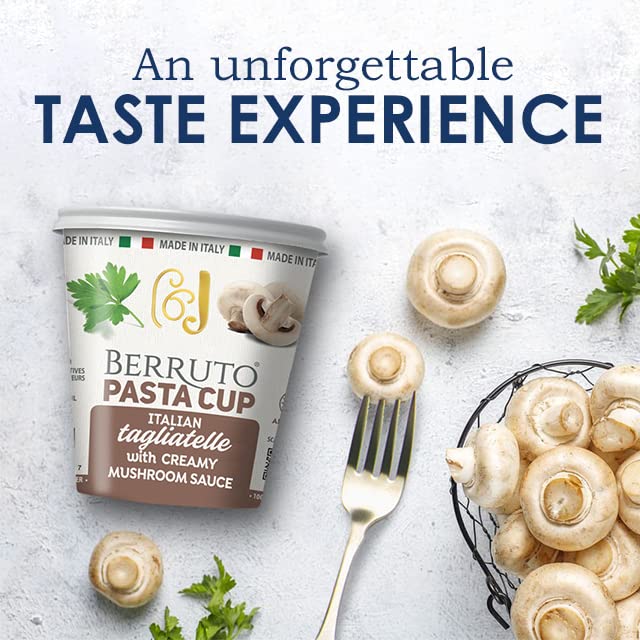 Berruto Individual Microwave Pasta Cup 2.4 oz - Pomodoro Mozzarella & Creamy Mushroom Flavors - Quick Easy Meal - Recyclable Packaging - No Palm Oil, No Preservatives - Assorted 8 Pack - Perfect for Office Lunch, College Dorm, or Camping Meals