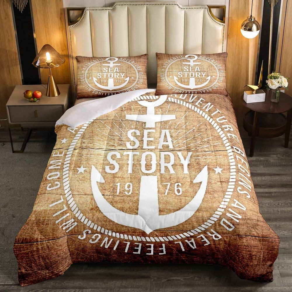 Erosebridal Nautical Anchor Print Down Comforter Set - Full Size Ocean Theme Bedding with 1 Comforter & 2 Pillowcases - Kids Boys Yacht Adventure Decor for Coastal Bedroom, Guest Room or Dorm