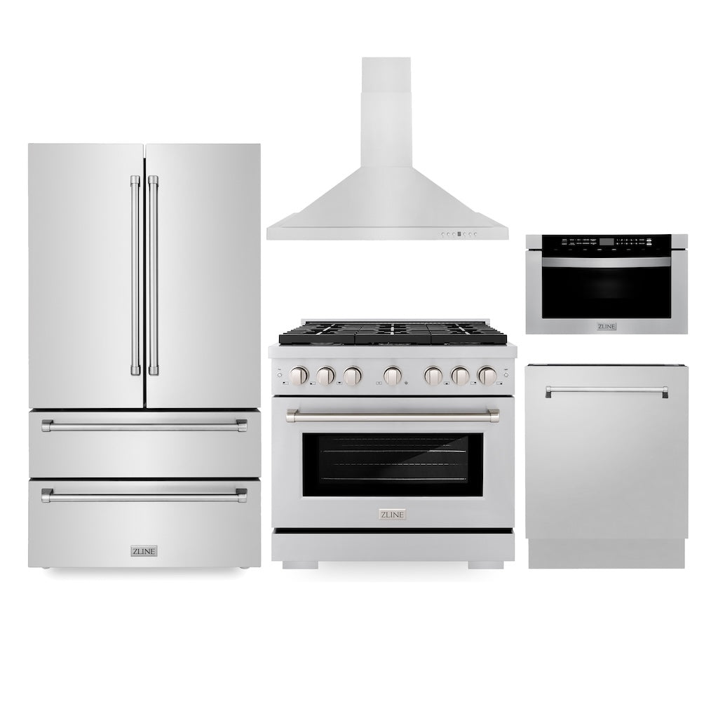 ZLINE 36-inch Stainless Steel Kitchen Package - Gas Range, Range Hood, Refrigerator, Microwave Drawer & Dishwasher (5KPR SGRRH36 MWDWV) | Premium Appliance Bundle for Modern Homes & Restaurant-Style Cooking
