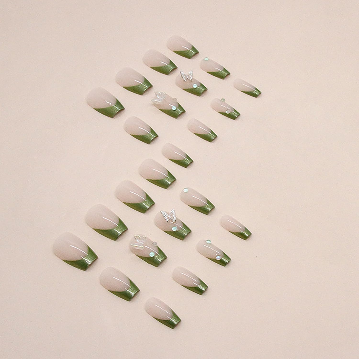 French Tip Press On Nails - Medium Length Ballet Shaped Green Acrylic False Nails 24 Pcs Kit with Nail File & Wooden Stick - Perfect for Parties, Weddings, and Everyday Wear