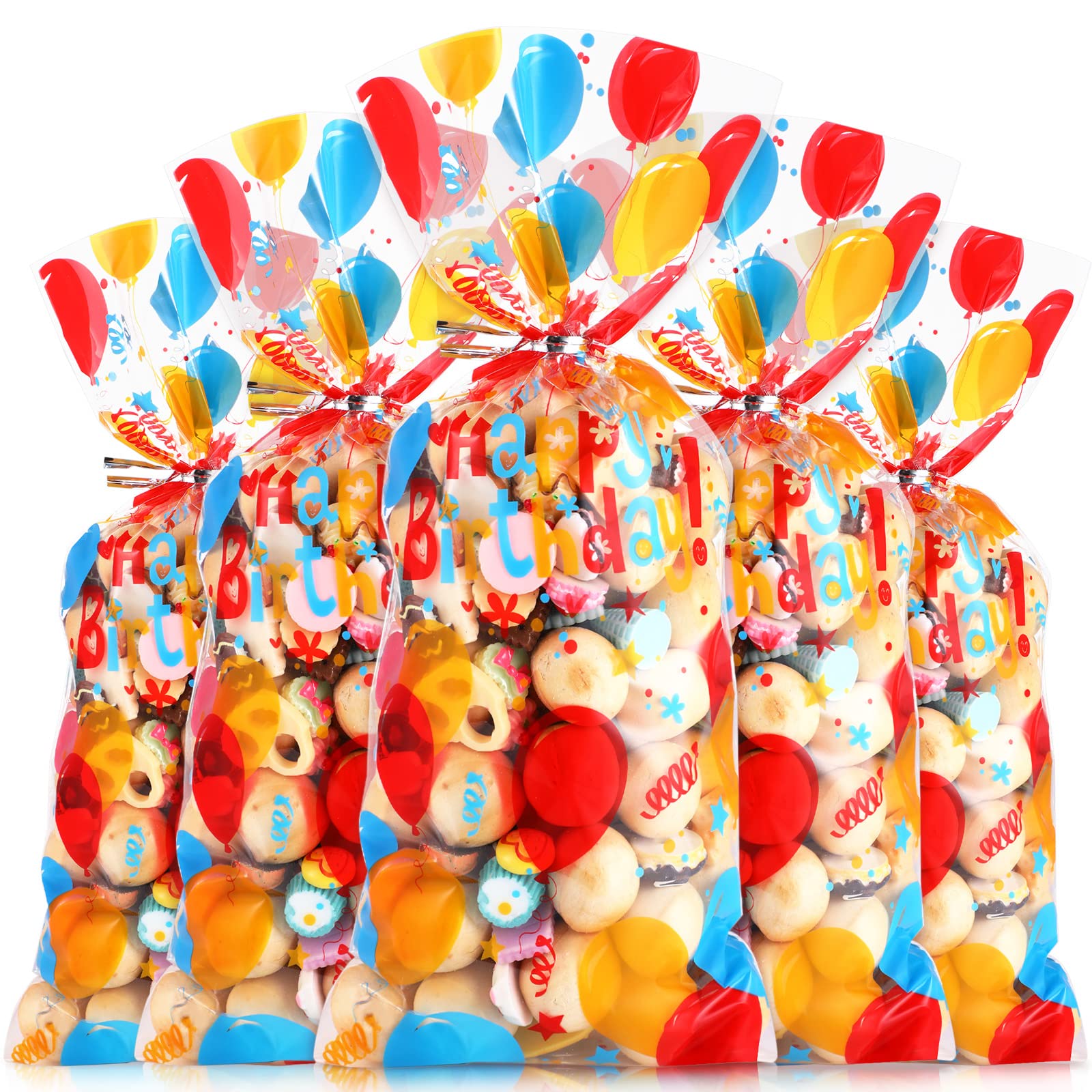 Blulu 100-Pack Colorful Birthday Cellophane Gift Bags with Silver Twist Ties - Party Favors for Weddings, Baby Showers & Birthday Celebrations - Perfect for Candy, Treats & Small Gifts