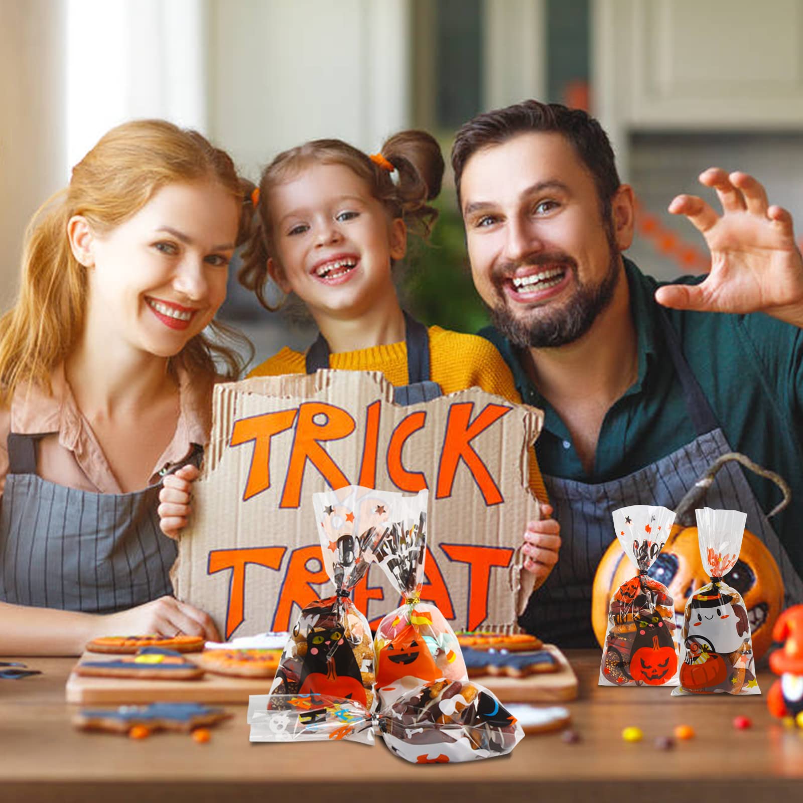 LOKIPA 120PCS Halloween Cellophane Treat Bags - 6 Styles Candy Bags with 150 Twist Ties for Trick or Treat, Halloween Party Favors, Classroom Treats & Goodie Bags