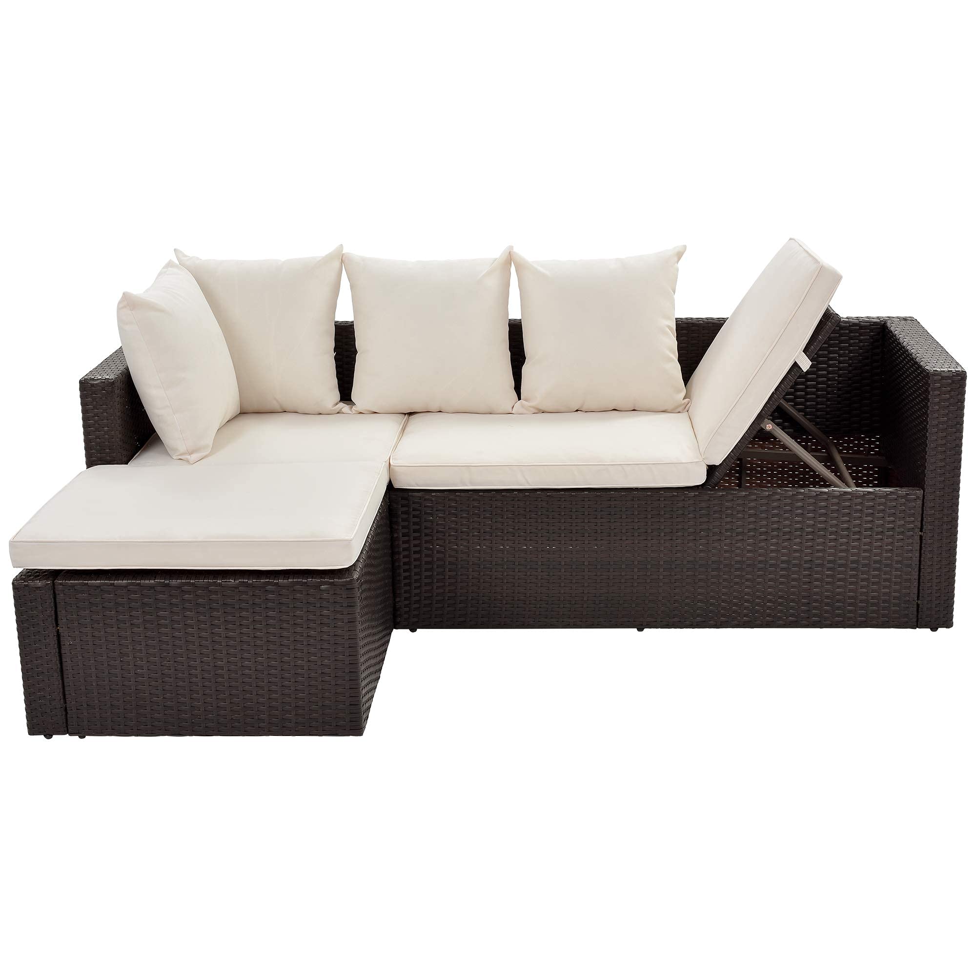 Beacon Pet 5-Piece All-Weather PE Wicker Patio Furniture Set - Adjustable Rattan Chaise Lounge with Tempered Glass Coffee Table & Removable Cushions (Beige/Brown) - Perfect for Outdoor Garden, Poolside & Backyard Relaxation