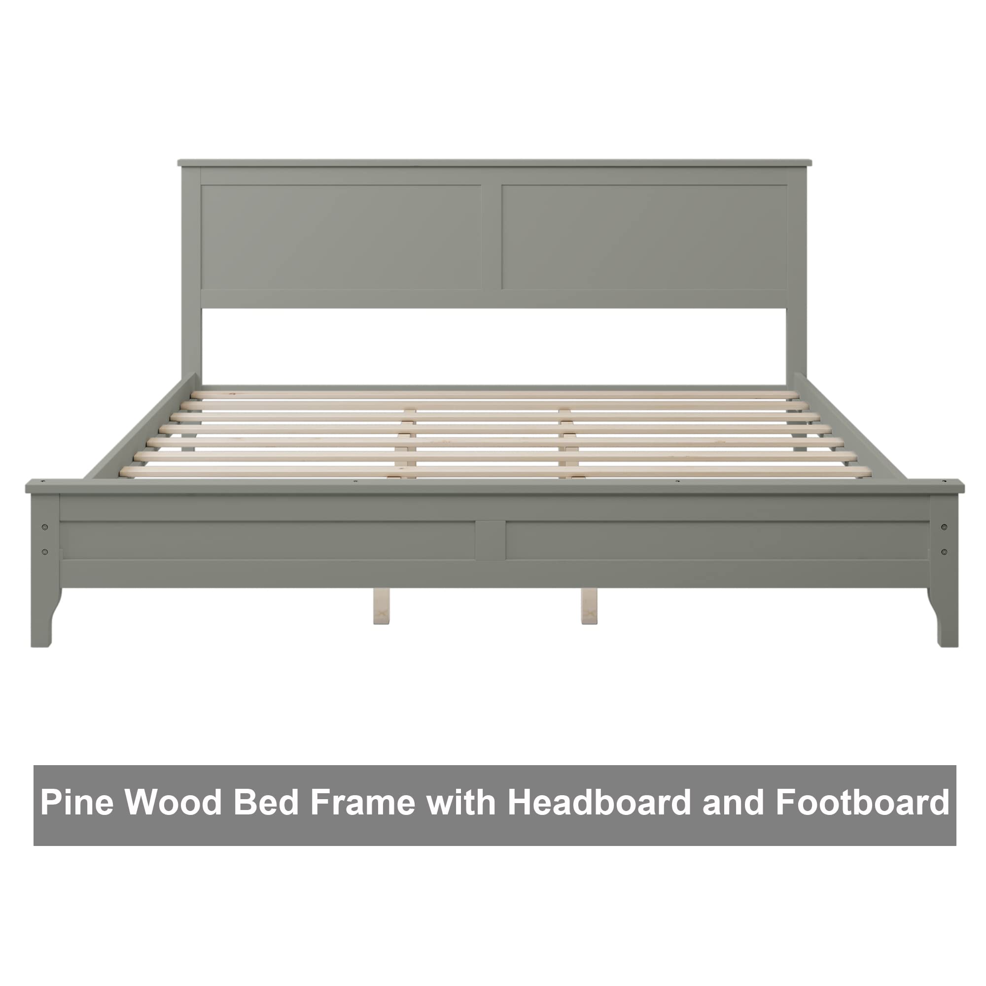 JULYFOX King Size Bed Frame with Headboard - Gray Pine Wood Platform Bed for Heavy Duty Support (800 lbs) - No Box Spring Needed - Perfect for Master Bedrooms