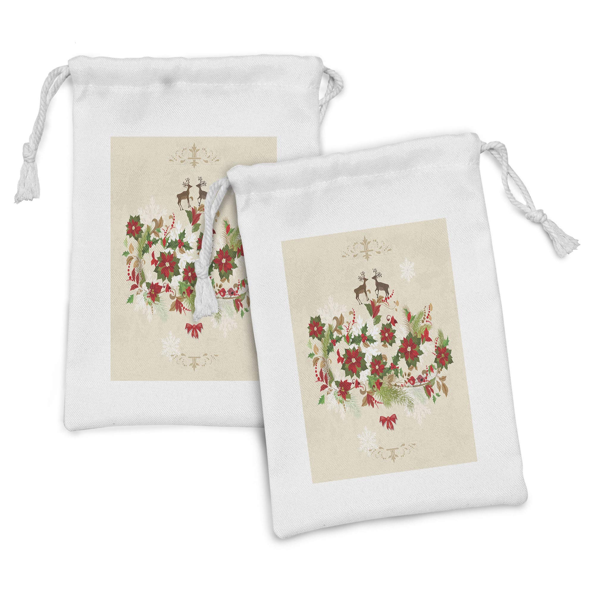 Ambesonne Christmas Fabric Pouch Set of 2 - Holiday Drawstring Bags with Poinsettia Flowers, Holly Berries & Deer Ribbon Design (9