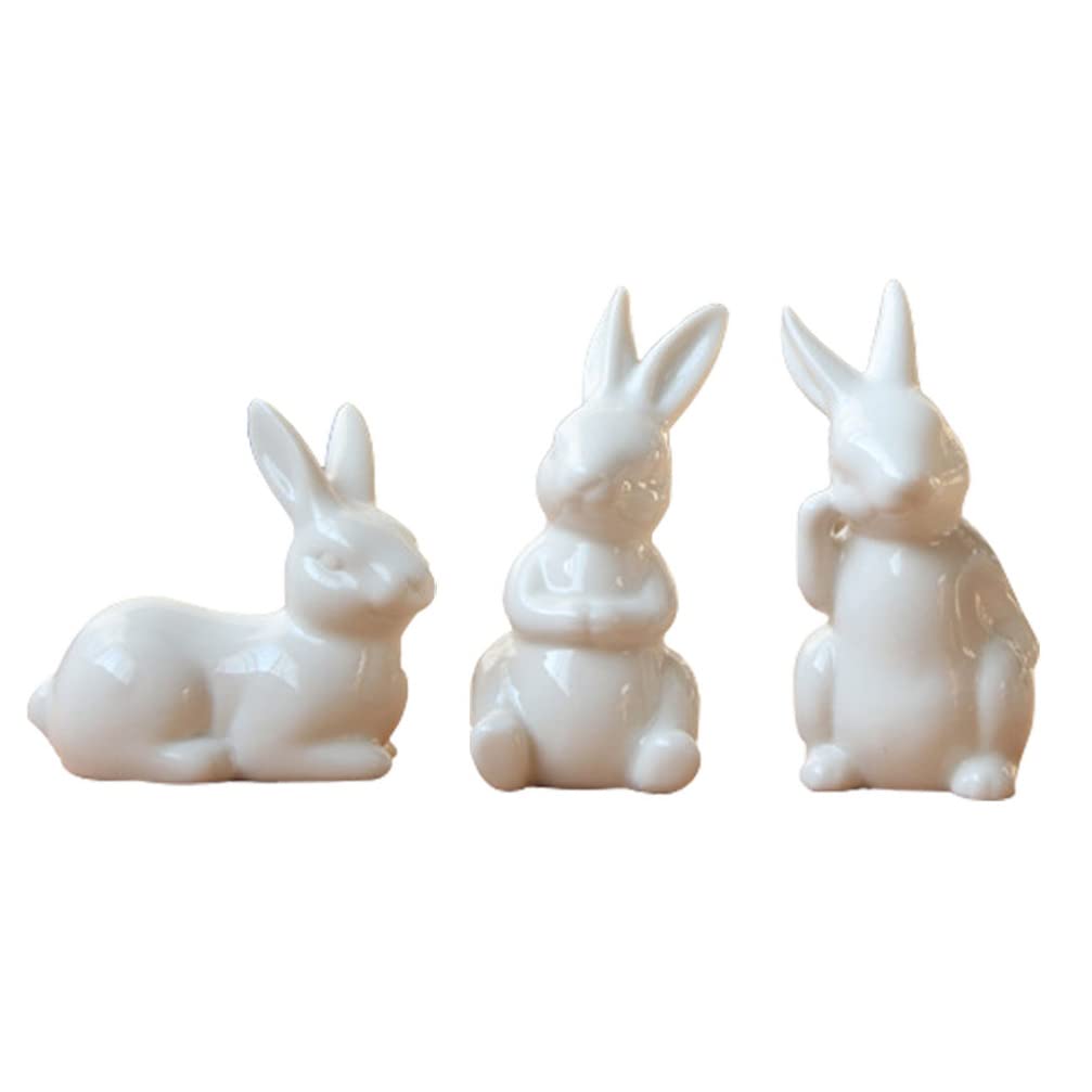 HANABASS 3Pcs Ceramic Rabbit Figurines - Easter Bunny Cupcake Toppers, Collectible Sculpture for Easter Party Decorations, White Ceramic Rabbit Statues for Outdoor & Indoor Easter Decor, Table Centerpiece, Garden Display, and Holiday Gift Giving