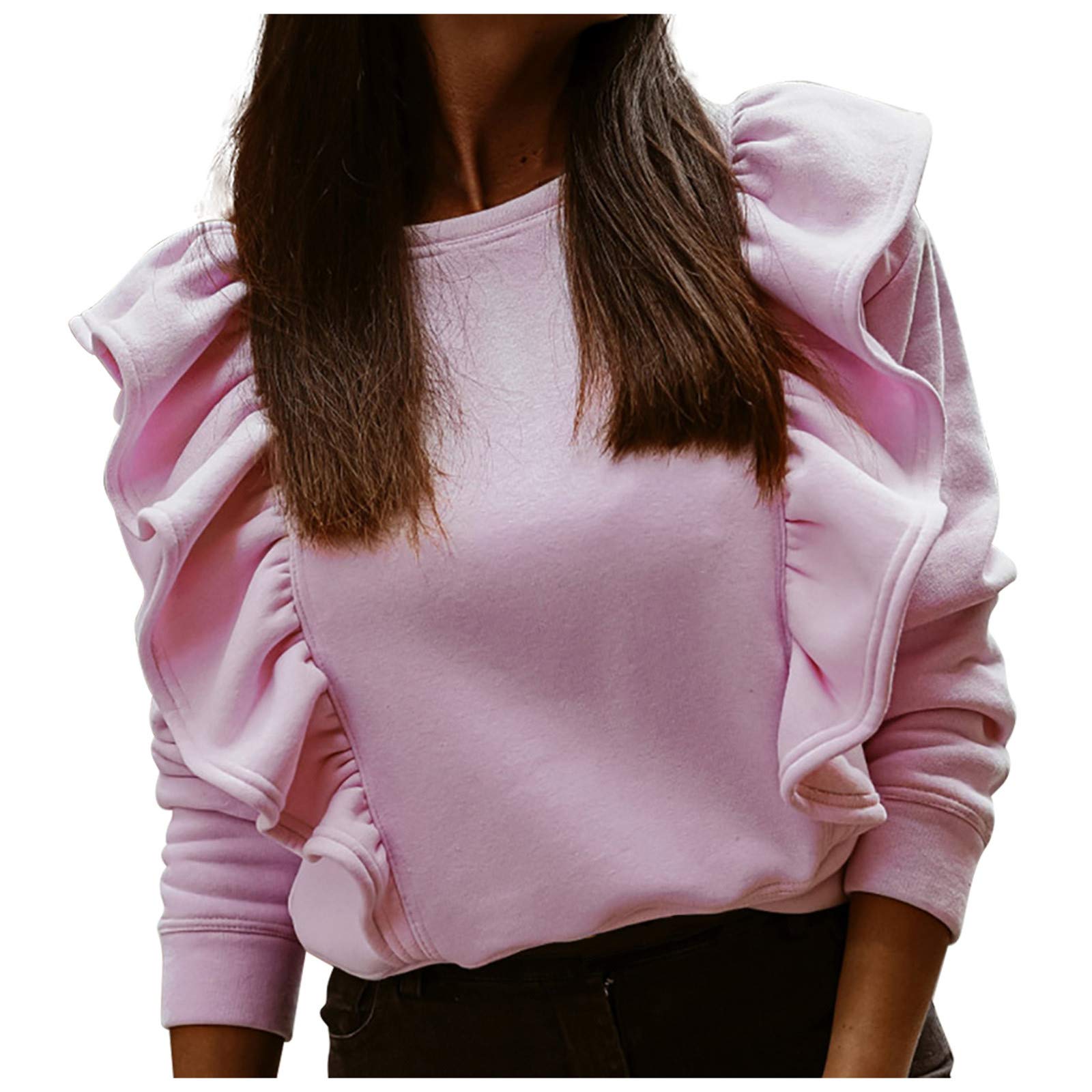 Women's Casual Long Sleeve Ruffle Stitch Sweatshirt - Solid Color Cute Top (Pink, Medium) | Perfect for Fall Outfits, Date Nights & Office Wear