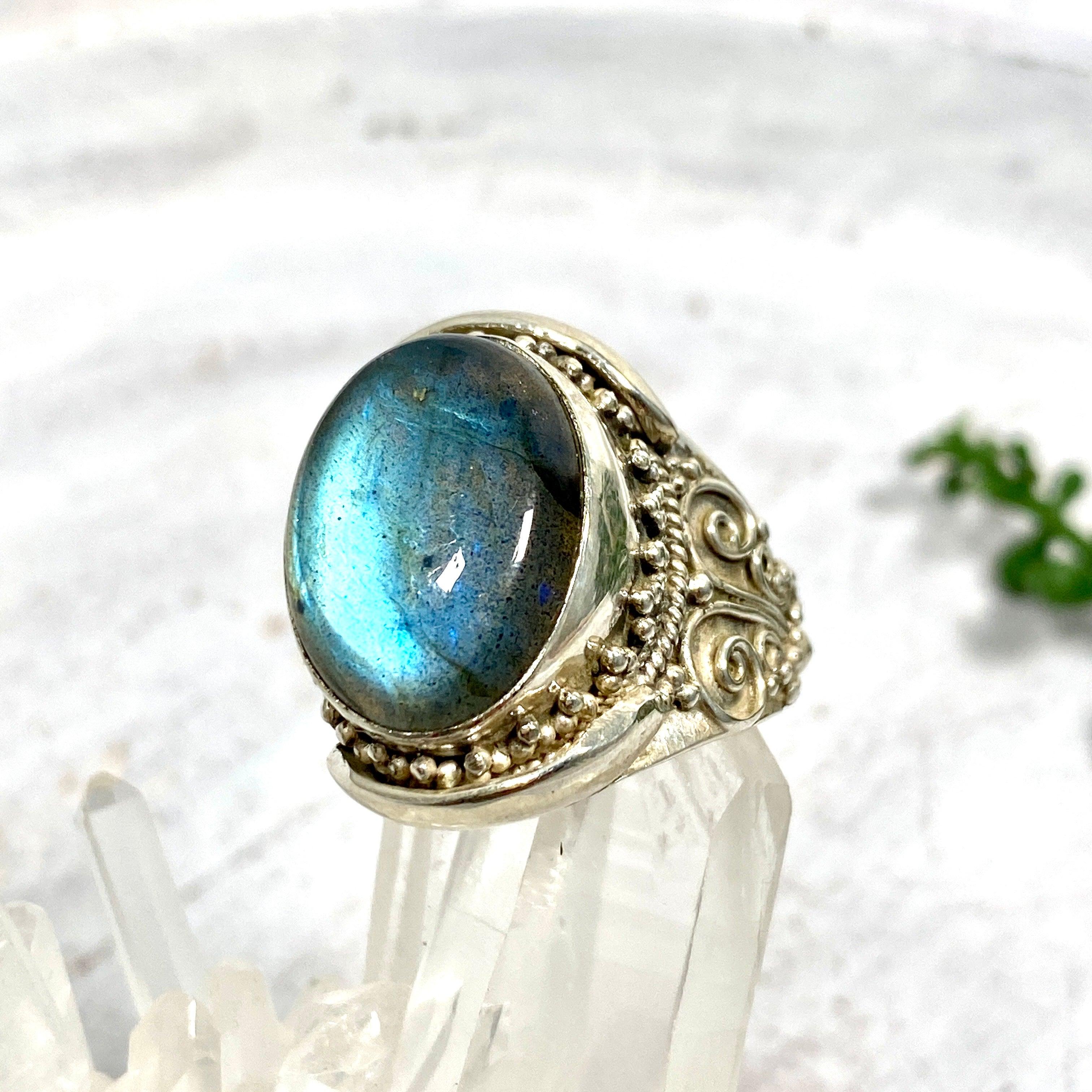 Boho Style Labradorite Oval Ring - Size 11 - Sterling Silver Handmade Jewelry - KRGJ2771 | Perfect for Festival, Wedding & Everyday Boho Fashion