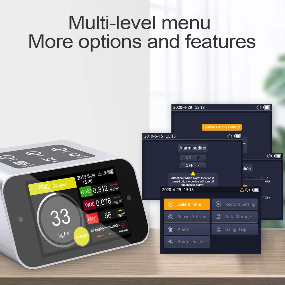 **A16 Indoor Air Quality Monitor - PM2.5, PM10, PM1, TVOC, HCHO Formaldehyde Detector - Home & Office Air Pollution Tester for Health & Safety**    *(Use Cases: Ideal for homes, offices, nurseries, and gyms to monitor air pollution and improve indoor air quality.)*