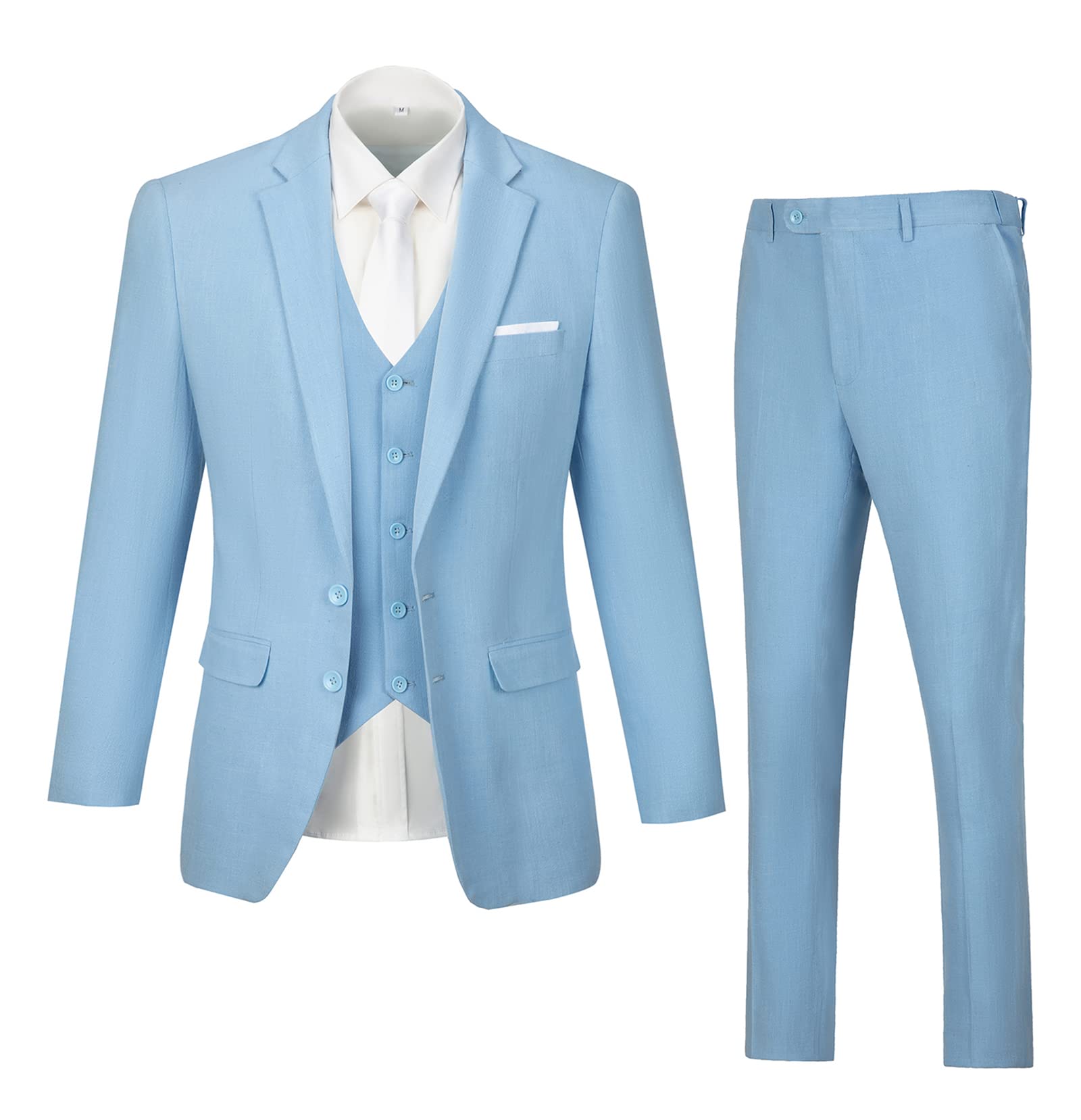 Slim Fit Men's 3-Piece Linen Wedding Suit - Groomsmen Tuxedo Blazer Jacket, Pants & Vest for Prom, Party & Formal Occasions