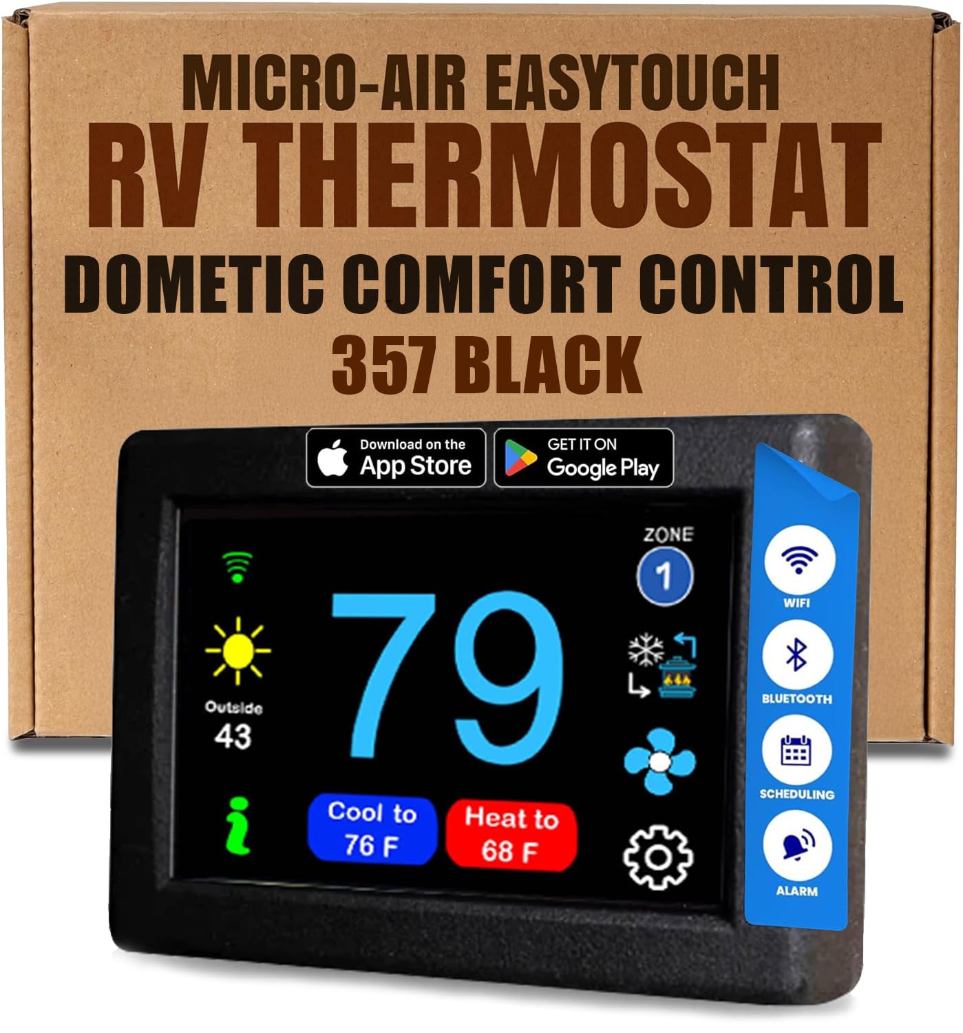 MICRO-AIR EasyTouch Digital WiFi & Bluetooth Thermostat - Programmable RV Thermostat Replacement for Dometic | Compatible with Heat, AC & Air Conditioner (357 Black) | Perfect for RV Camping & Outdoor Adventures