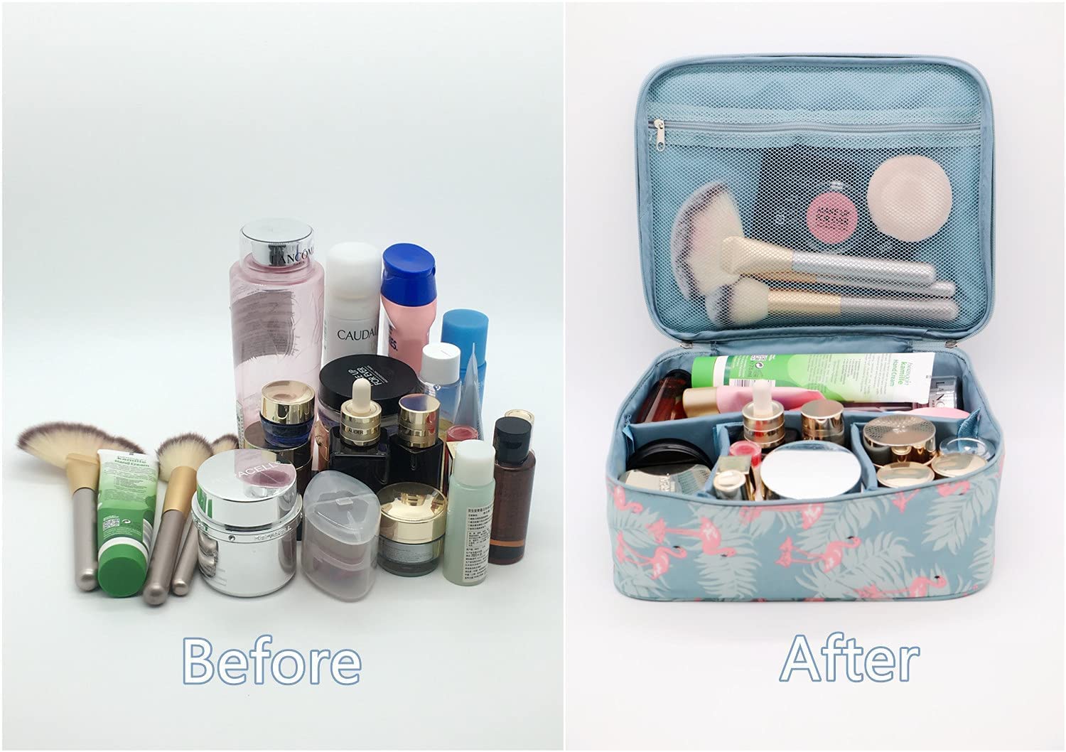 KARTUNBOX Compact Makeup Organizer - Portable Cosmetic Storage Bag with Washable Fabric & Dividers - Travel Toiletries Case for Women & Girls (Blue) - Perfect for Travel, Gym, School & Daily Use