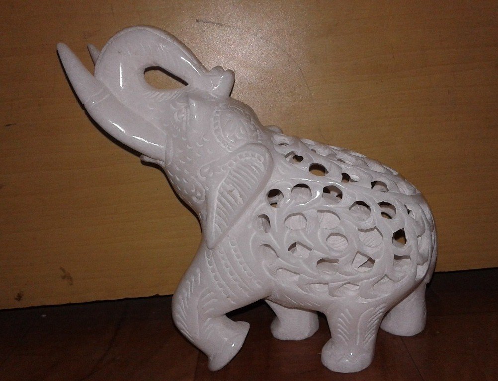 6 Inch White Marble Elephant with Baby Inside Figurine - Hand Carved Sculpture with Beautiful Undercut Jali Work - Elegant Home & Hotel Decor - Perfect Gift for Housewarming, Wedding & Office Decor