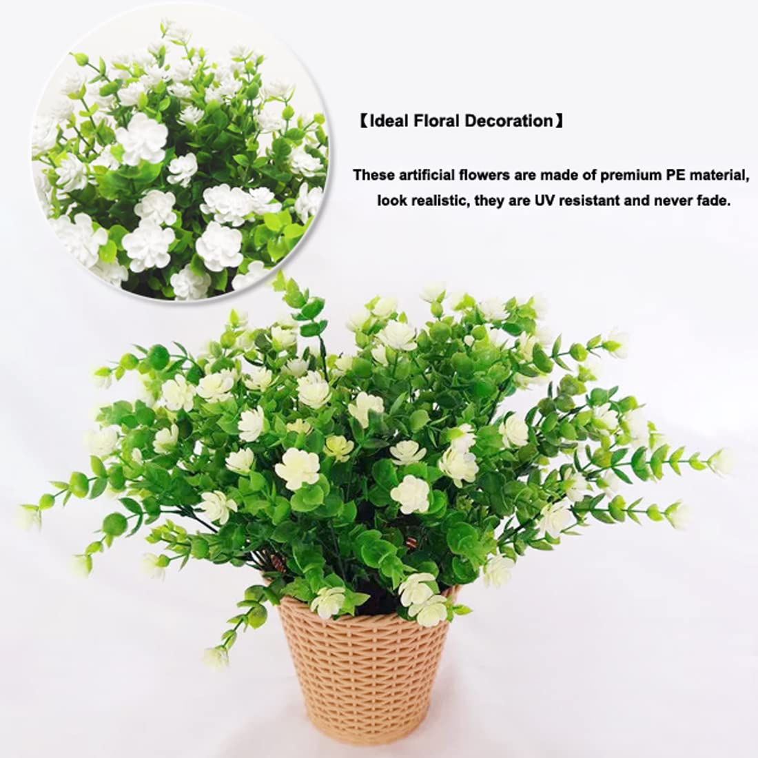 6 Bundles Artificial Eucalyptus Flowers - UV Resistant Faux Plastic Plants for Outdoor Garden, Porch & Window Box Decor - White Fake Greenery for Home & Wedding Decoration
