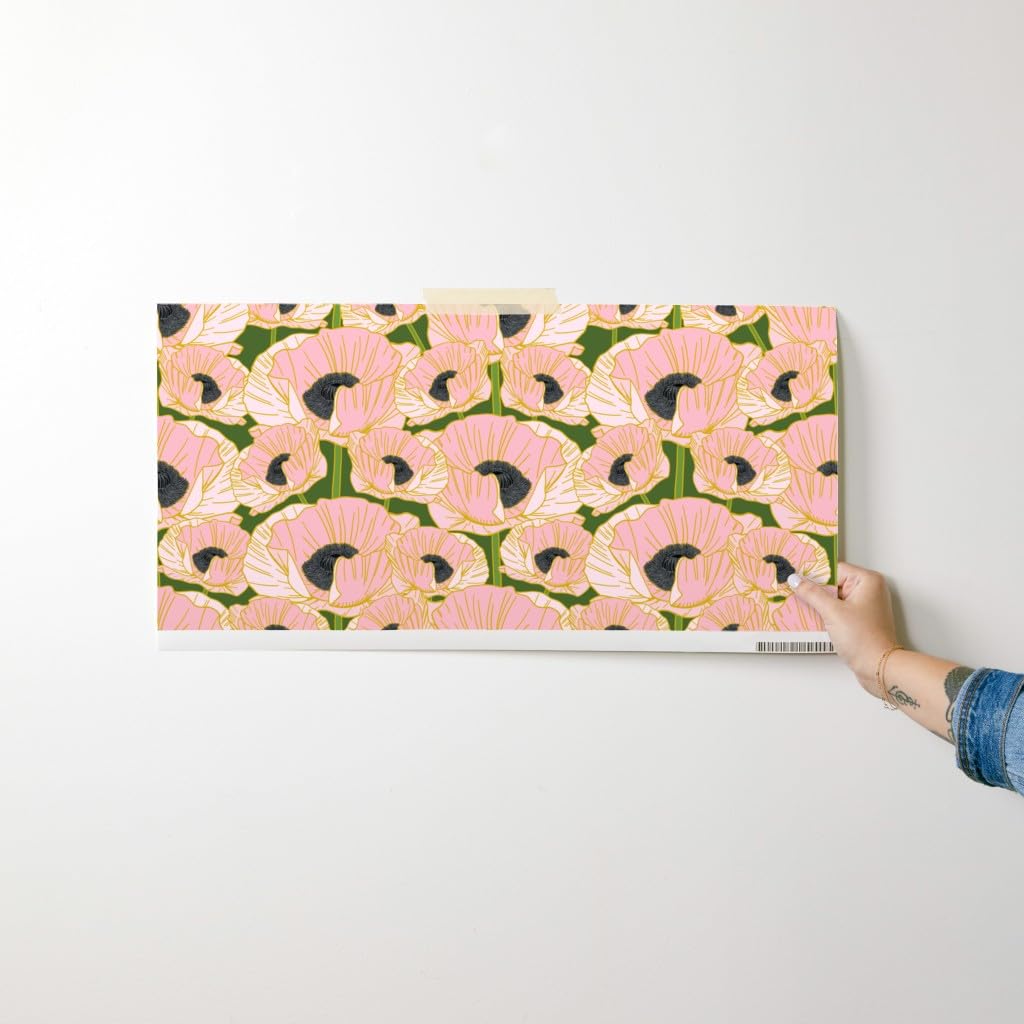 Removable Wallpaper Swatch - Pink Poppy Black Green Floral Art Nouveau Design | Pre-Pasted Peel & Stick Wallpaper by Spoonflower | Perfect for Nursery, Bedroom, or Home Office Decor