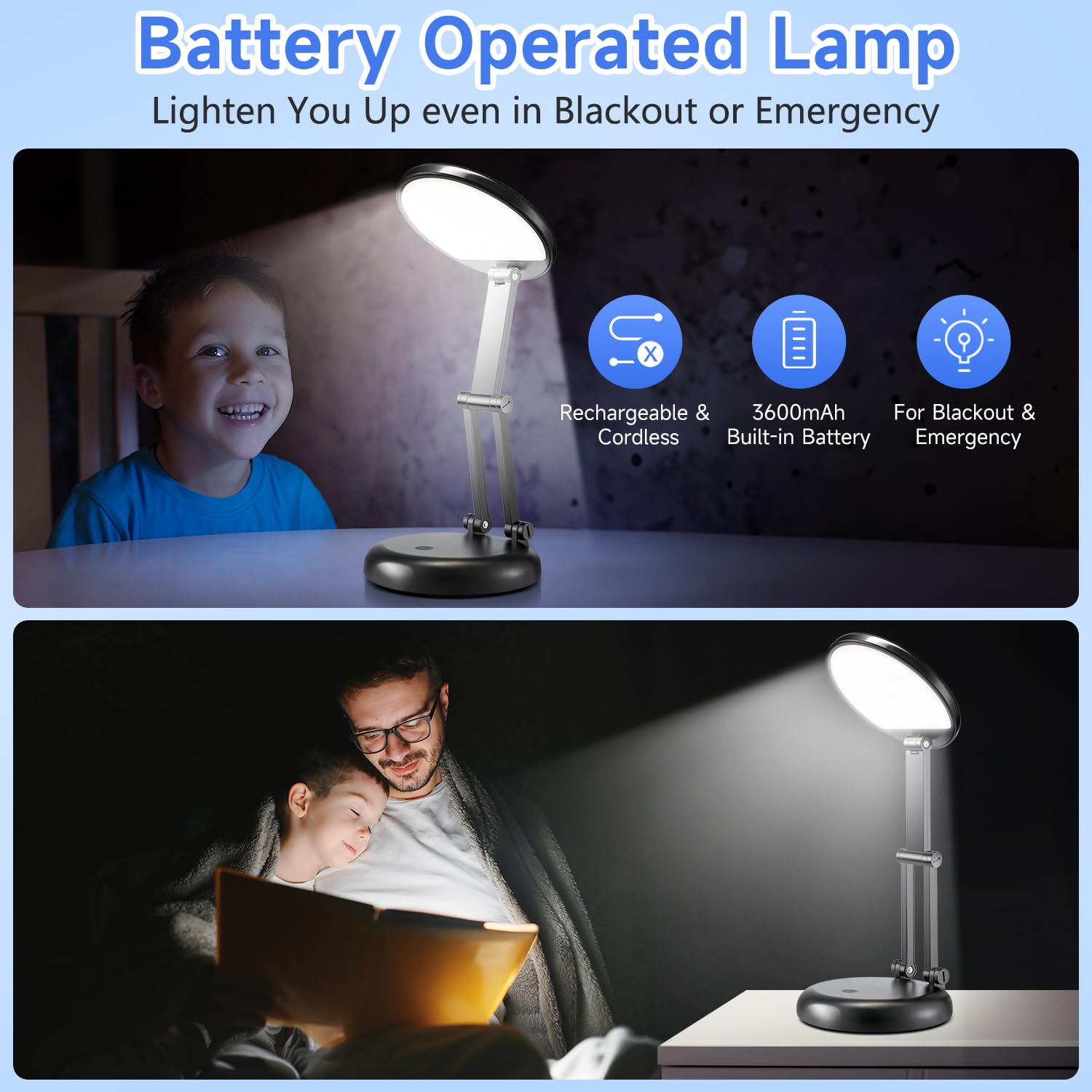 Rechargeable LED Desk Lamp - 3600mAh Battery, Foldable & Cordless, 9 Dimmable Brightness Levels, Portable Table Light for Home Office, Reading, Study and Nightstand Use